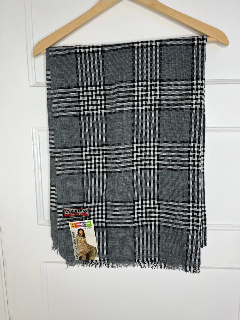 Vardhman Gray & Black Plaid Scarf 100% Fine Wool